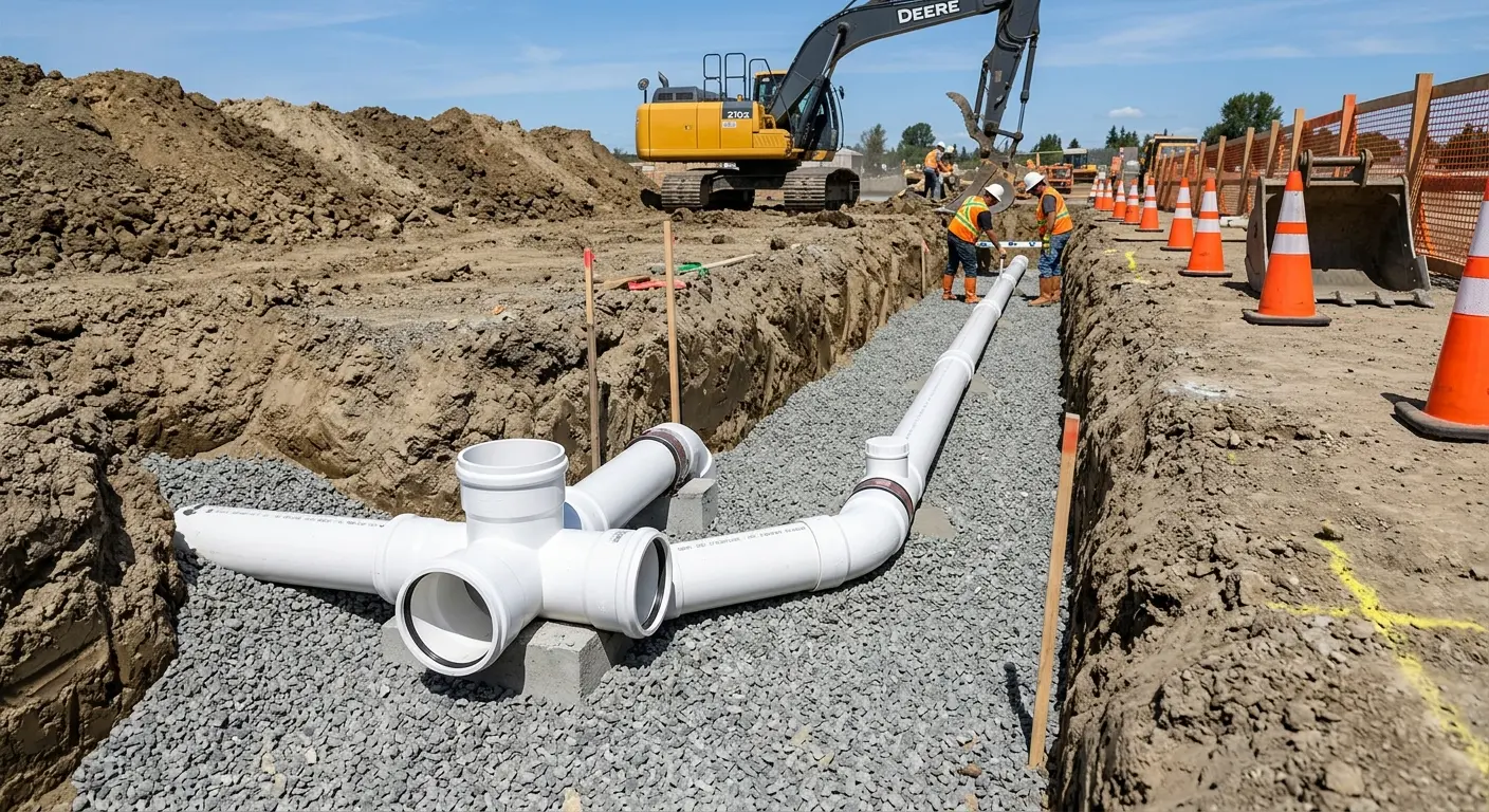 New PVC sewer pipe installation in open trench for Sewer Backup in New Lenox
