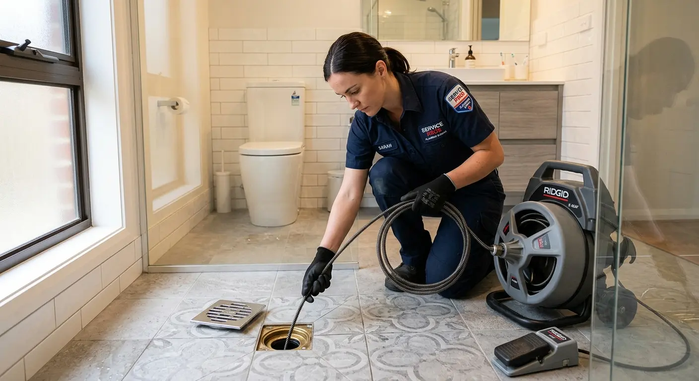 Technician clearing a bathroom floor drain for Drain Cleaning in New Lenox